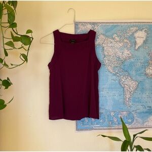 Ann Taylor burgundy sleeveless top with a square neckline and a pleated back